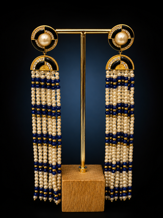 CHANEL Métiers d’Art Paris–New York 2019 “Egyptian” Lapis Lazuli & Pearl Chandelier Earrings by Karl Lagerfeld – Runway & Book Cover