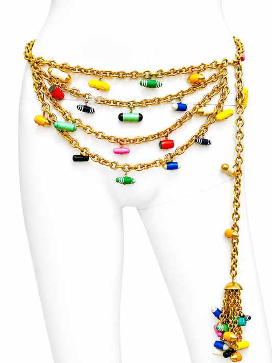 Museum-Worthy CHANEL Spring-Summer 1992 runway 24k gold plated Multicolor "Pill" Chain Belt